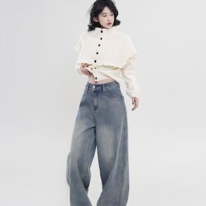 High-Waisted Wide-Leg Straight-Leg Jeans for Women - Blue Thickened Loose Floor-Length Pants, Korean Style, Autumn & Winter Fashion