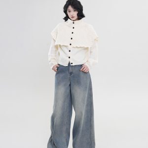 High-Waisted Wide-Leg Straight-Leg Jeans for Women - Blue Thickened Loose Floor-Length Pants, Korean Style, Autumn & Winter Fashion
