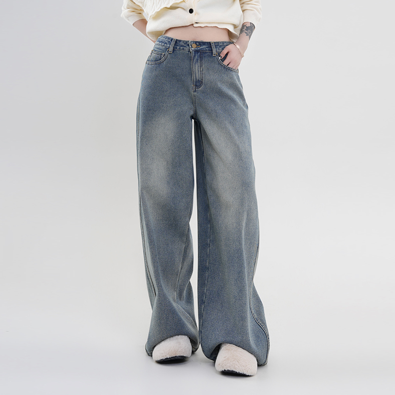 High-Waisted Wide-Leg Straight-Leg Jeans for Women - Blue Thickened Loose Floor-Length Pants, Korean Style, Autumn & Winter Fashion
