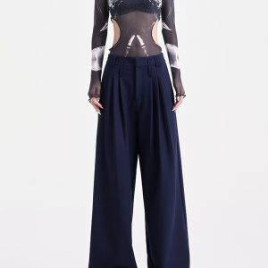 High-Waisted Wide-Leg Suit Pants for Women - Casual Pleated Floor-Length Trousers - Stylish Autumn Fashion
