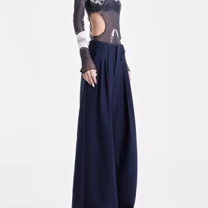 High-Waisted Wide-Leg Suit Pants for Women - Casual Pleated Floor-Length Trousers - Stylish Autumn Fashion