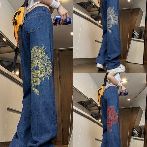 High-Waisted Wide-Leg Women's Jeans with Retro Embroidery - American High Street Style, Slim Loose Fit, Trendy Fashion Pants