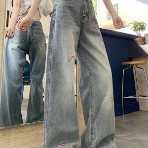 High-Waisted Women's Blue Jeans with Bow Embroidery, Slimming Loose Straight-Leg Wide-Leg Style, Versatile American Style