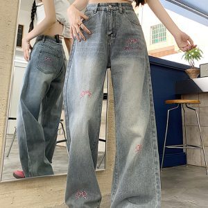 High-Waisted Women's Blue Jeans with Bow Embroidery, Slimming Loose Straight-Leg Wide-Leg Style, Versatile American Style