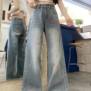 High-Waisted Women's Blue Jeans with Bow Embroidery, Slimming Loose Straight-Leg Wide-Leg Style, Versatile American Style
