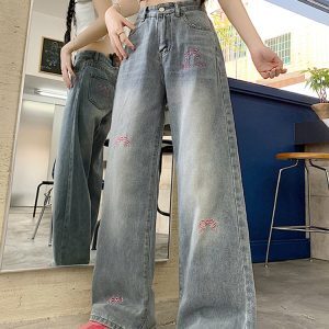High-Waisted Women's Blue Jeans with Bow Embroidery, Slimming Loose Straight-Leg Wide-Leg Style, Versatile American Style