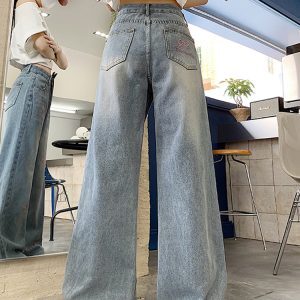 High-Waisted Women's Blue Jeans with Bow Embroidery, Slimming Loose Straight-Leg Wide-Leg Style, Versatile American Style