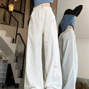 High-Waisted Women's Jeans with Bow Embroidery, Trendy American Style, Slimming Loose Straight-Leg Wide-Leg Design