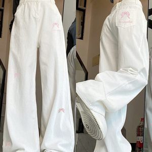 High-Waisted Women's Jeans with Bow Embroidery, Trendy American Style, Slimming Loose Straight-Leg Wide-Leg Design