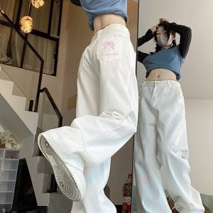 High-Waisted Women's Jeans with Bow Embroidery, Trendy American Style, Slimming Loose Straight-Leg Wide-Leg Design