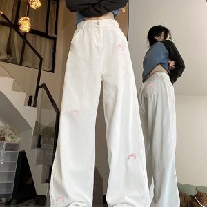 High-Waisted Women's Jeans with Bow Embroidery, Trendy American Style, Slimming Loose Straight-Leg Wide-Leg Design
