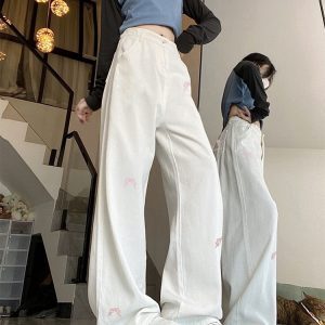 High-Waisted Women's Jeans with Bow Embroidery, Trendy American Style, Slimming Loose Straight-Leg Wide-Leg Design