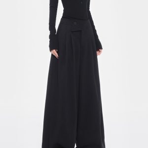 High-Waisted Wool Wide-Leg Suit Pants for Women with Diagonal Buckle Design - Casual 90s Inspired Trousers