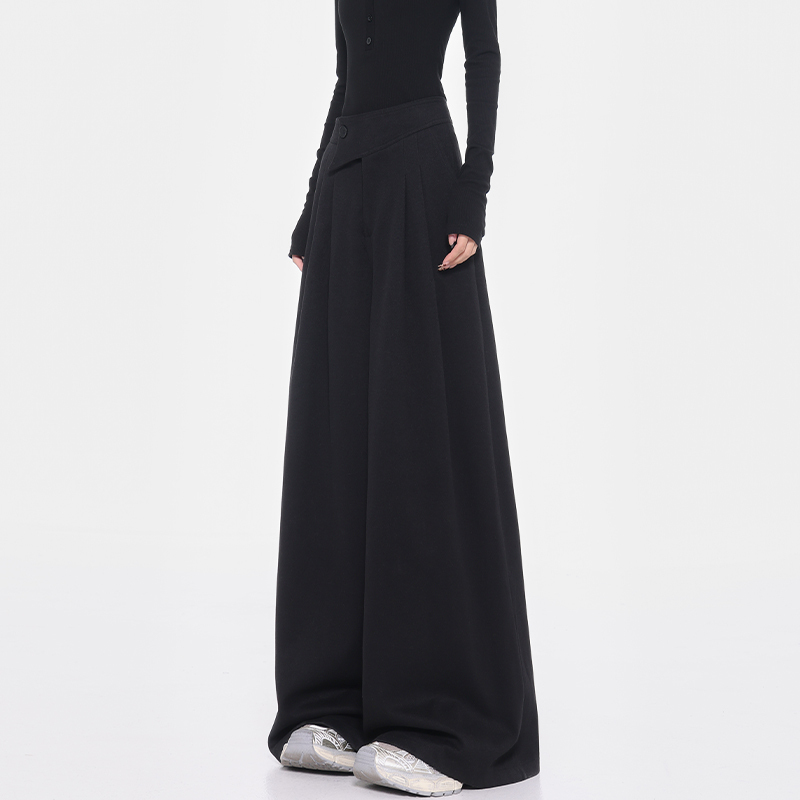 High-Waisted Wool Wide-Leg Suit Pants for Women with Diagonal Buckle Design - Casual 90s Inspired Trousers