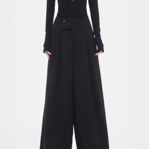 High-Waisted Wool Wide-Leg Suit Pants for Women with Diagonal Buckle Design - Casual 90s Inspired Trousers