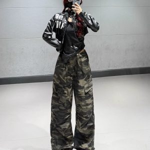 Hip-Hop Dance Set for Women - Ultra-Short Leather Jacket & High-Waisted Camouflage Cargo Pants - Trendy Streetwear Outfit