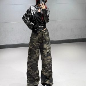 Hip-Hop Dance Set for Women - Ultra-Short Leather Jacket & High-Waisted Camouflage Cargo Pants - Trendy Streetwear Outfit
