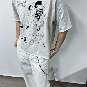 Holiday Carnival Short Sleeve Bamboo Cotton T-Shirt with Rolled Cuffs - Casual Y2K Wide Fit Tee