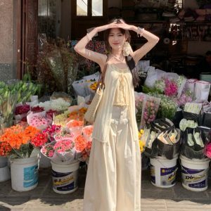 Hollow Out Faux Two-Piece Camisole Top with Cross Pleats and Loose Wide-Leg Pants Set for Women - Spring Summer Vacation Outfit