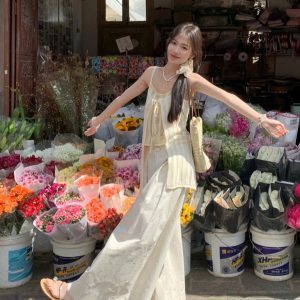 Hollow Out Faux Two-Piece Camisole Top with Cross Pleats and Loose Wide-Leg Pants Set for Women - Spring Summer Vacation Outfit