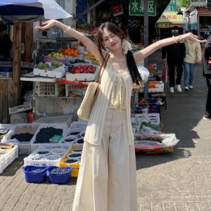 Hollow Out Faux Two-Piece Camisole Top with Cross Pleats and Loose Wide-Leg Pants Set for Women - Spring Summer Vacation Outfit