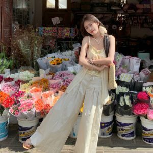 Hollow Out Faux Two-Piece Camisole Top with Cross Pleats and Loose Wide-Leg Pants Set for Women - Spring Summer Vacation Outfit