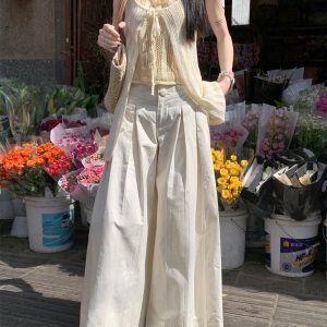 Hollow Out Faux Two-Piece Camisole Top with Cross Pleats and Loose Wide-Leg Pants Set for Women - Spring Summer Vacation Outfit