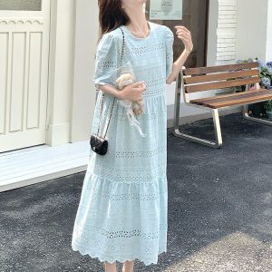 Hollow-Out Spliced Lace-Up Waist-Defining Blue Dress for Women - Summer 2025 Vacation Style Long Dress, Age-Reducing Fashion