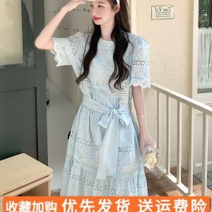 Hollow-Out Spliced Lace-Up Waist-Defining Blue Dress for Women - Summer 2025 Vacation Style Long Dress, Age-Reducing Fashion
