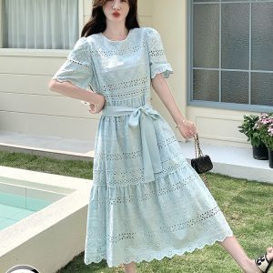 Hollow-Out Spliced Lace-Up Waist-Defining Blue Dress for Women - Summer 2025 Vacation Style Long Dress, Age-Reducing Fashion