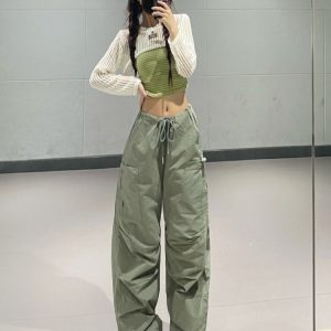 Hollow Short Cardigan & Green Lightweight Quick-Dry Casual Work Pants Set for Women's Jazz Dance Outfit, 90s Style
