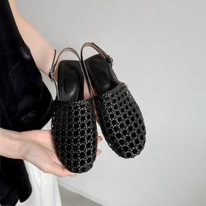 Hollow Woven Open-Toe Sandals for Women - Designer Flat Roman Shoes for Vacation and Beach Wear