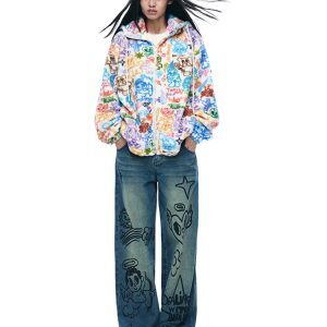 Hooded Graffiti Print Plush Zip-Up Cardigan - Loose Warm Lamb Wool Coat for Stylish Layering, Perfect for Y2K and Streetwear Trends