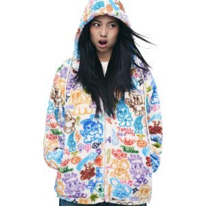 Hooded Graffiti Print Plush Zip-Up Cardigan - Loose Warm Lamb Wool Coat for Stylish Layering, Perfect for Y2K and Streetwear Trends