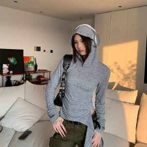 Hooded Long Sleeve T-Shirt for Women - Spring American Vintage Style, Slim Fit, Waist-Defining, Casual Fashion Top