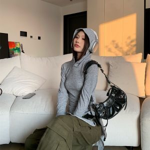 Hooded Long Sleeve T-Shirt for Women - Spring American Vintage Style, Slim Fit, Waist-Defining, Casual Fashion Top