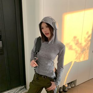 Hooded Long Sleeve T-Shirt for Women - Spring American Vintage Style, Slim Fit, Waist-Defining, Casual Fashion Top