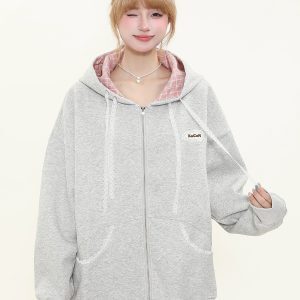 Hooded Zipper Plaid Sweatshirt Jacket for Women - Korean Style Casual Layering for Spring and Autumn