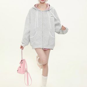 Hooded Zipper Plaid Sweatshirt Jacket for Women - Korean Style Casual Layering for Spring and Autumn