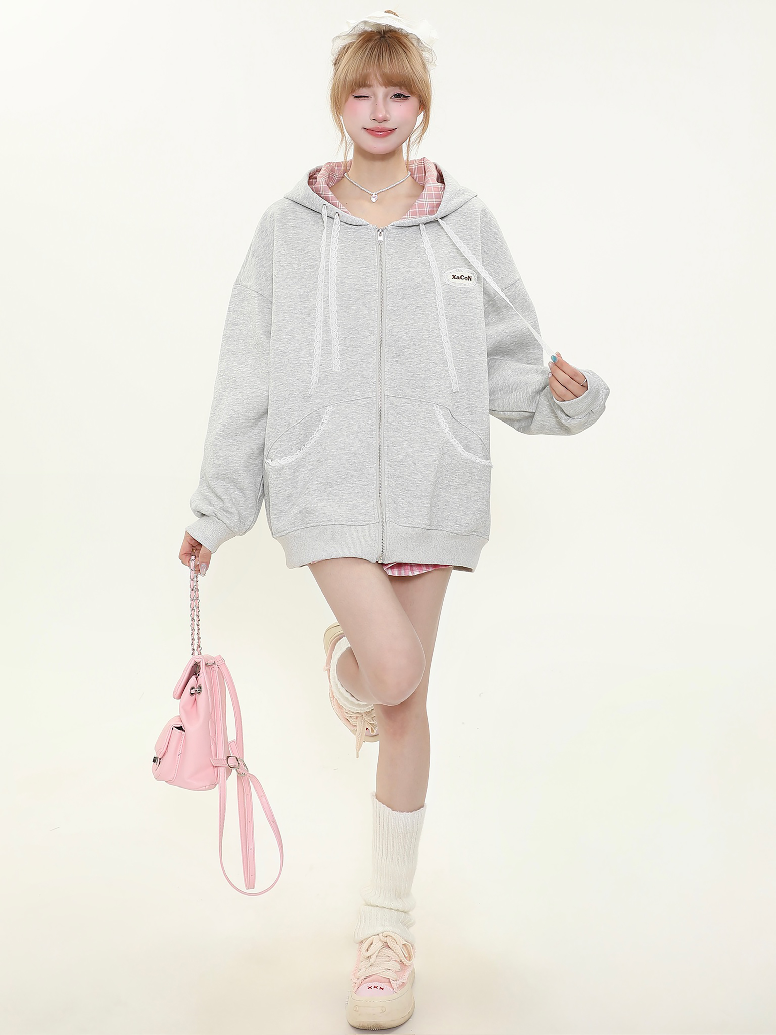 Hooded Zipper Plaid Sweatshirt Jacket for Women - Korean Style Casual Layering for Spring and Autumn