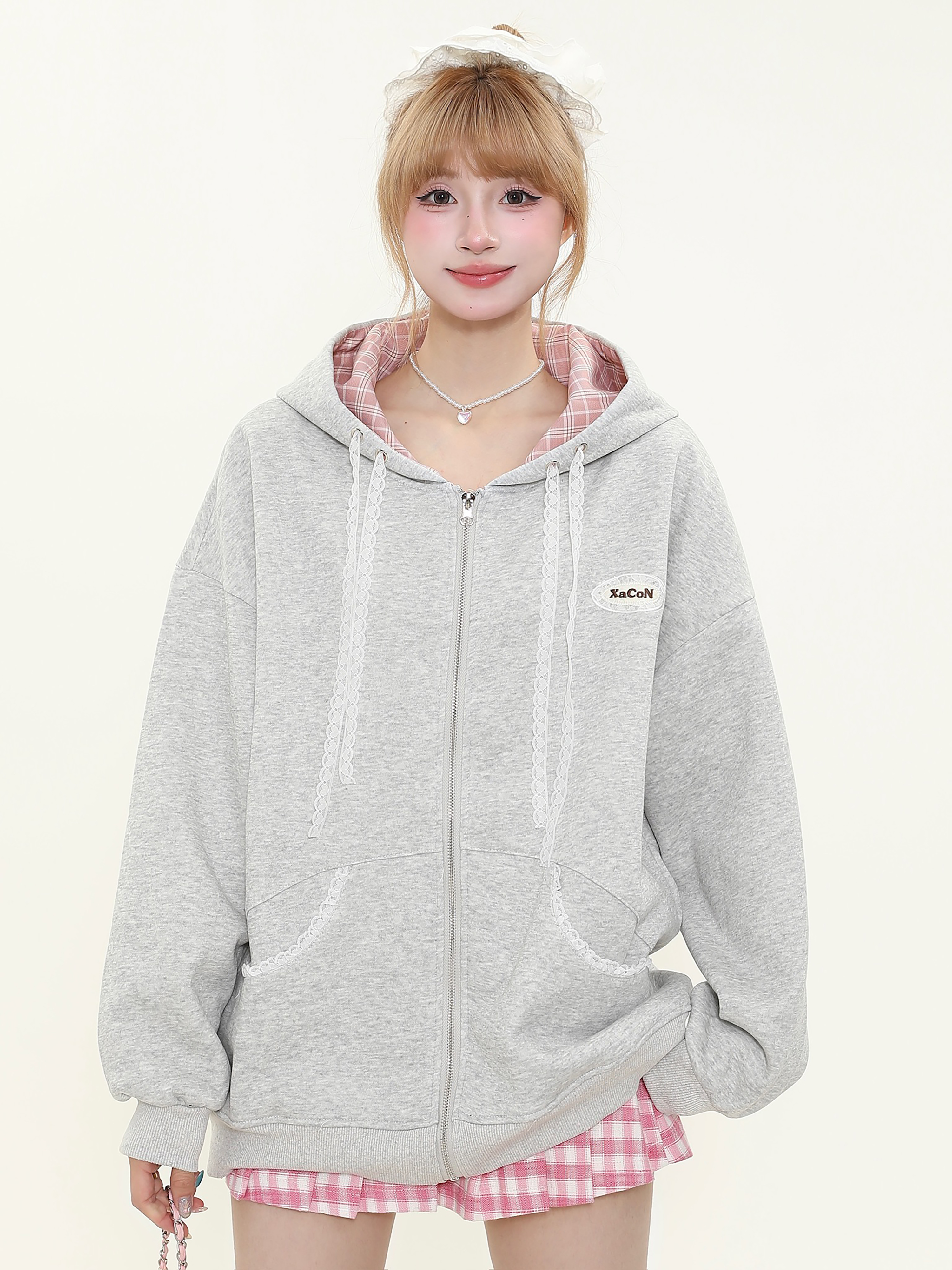 Hooded Zipper Plaid Sweatshirt Jacket for Women - Korean Style Casual Layering for Spring and Autumn
