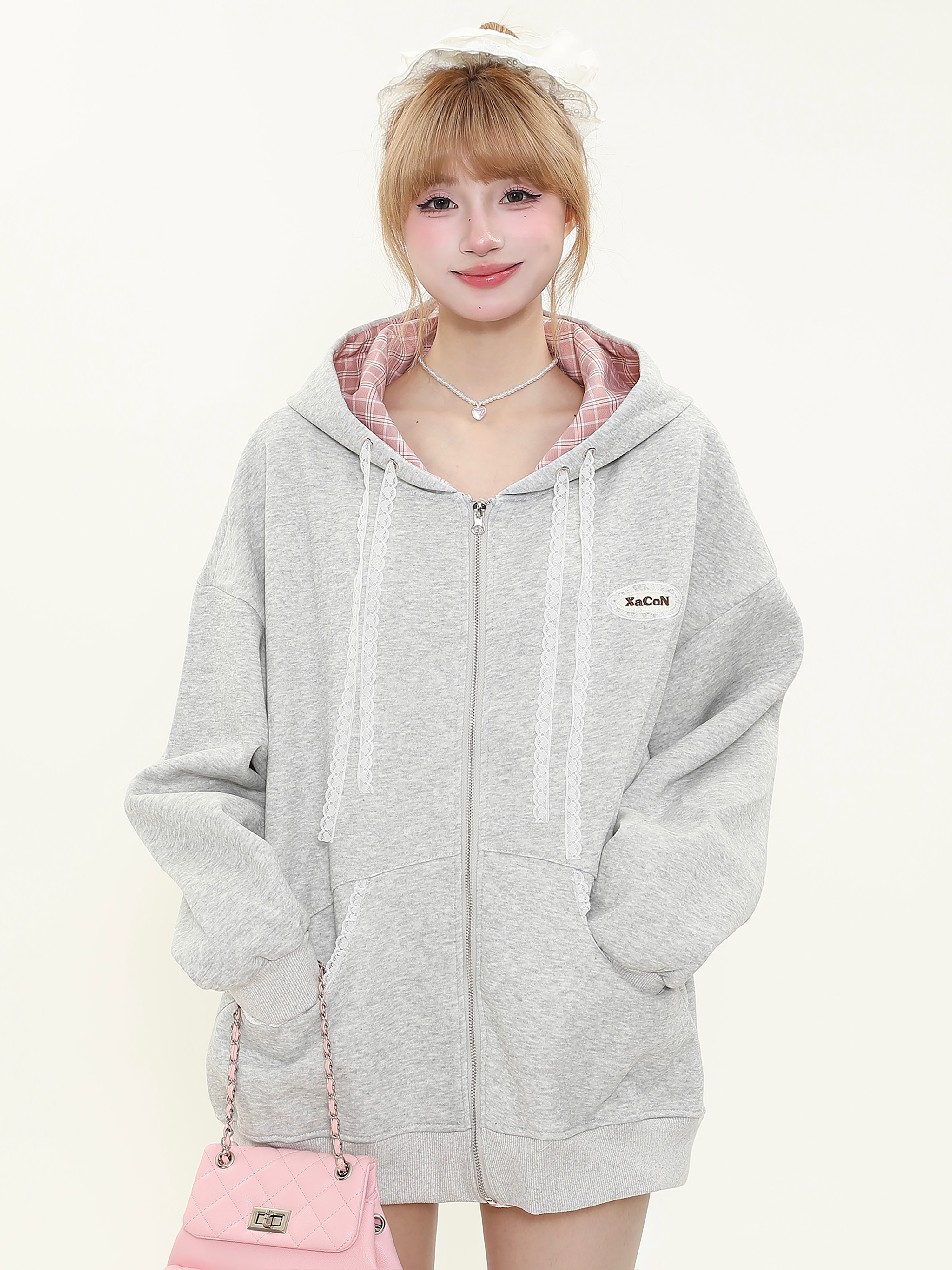 Hooded Zipper Plaid Sweatshirt Jacket for Women - Korean Style Casual Layering for Spring and Autumn