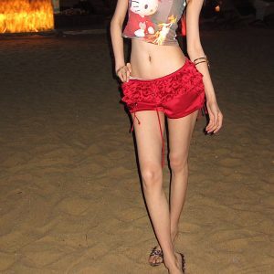 Hot Girl Red Cake Design Ruffled Ribbon Short Pants - Summer Women's Bloomers, Trendy Y2K Style
