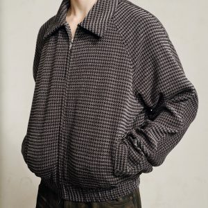 Houndstooth Jacket with Curved Raglan Sleeves and Jacquard Texture - Trendy Fashion Outerwear for Modern Style