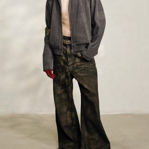Houndstooth Jacket with Curved Raglan Sleeves and Jacquard Texture - Trendy Fashion Outerwear for Modern Style