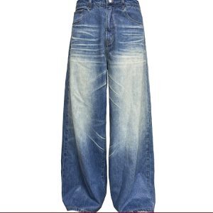 Ice Gel Blue Baggy Jeans with Natural Cat Whiskers - Vintage Distressed Denim for a 90s Y2K Look