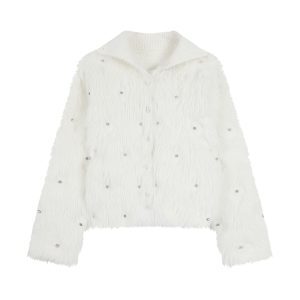Imitation Mink Fur Lapel Long Sleeve Sweater Coat for Women - Elegant Loose Knit Cardigan Top in Korean Style for Autumn Winter