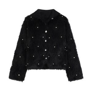 Imitation Mink Fur Lapel Long Sleeve Sweater Coat for Women - Elegant Loose Knit Cardigan Top in Korean Style for Autumn Winter