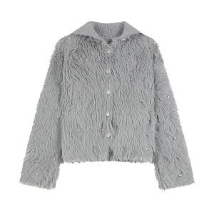 Imitation Mink Fur Lapel Long Sleeve Sweater Coat for Women - Elegant Loose Knit Cardigan Top in Korean Style for Autumn Winter