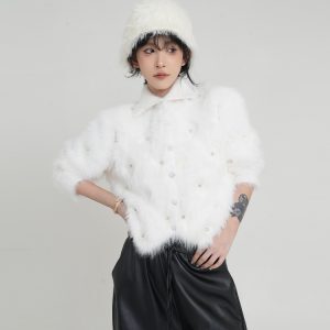 Imitation Mink Fur Lapel Long Sleeve Sweater Coat for Women - Elegant Loose Knit Cardigan Top in Korean Style for Autumn Winter